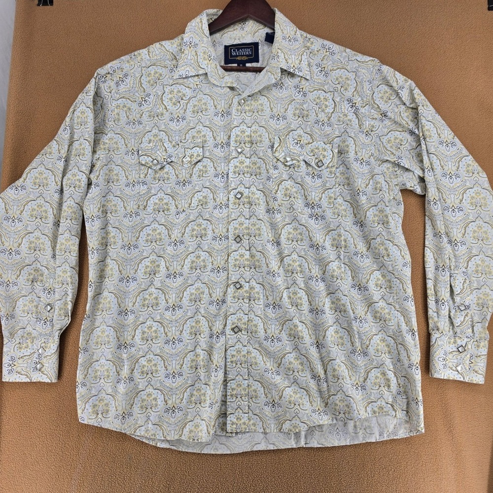 Classic Western Mens XL Paisley Medallion Pearl Snap Long Sleeve Cotton Shirt